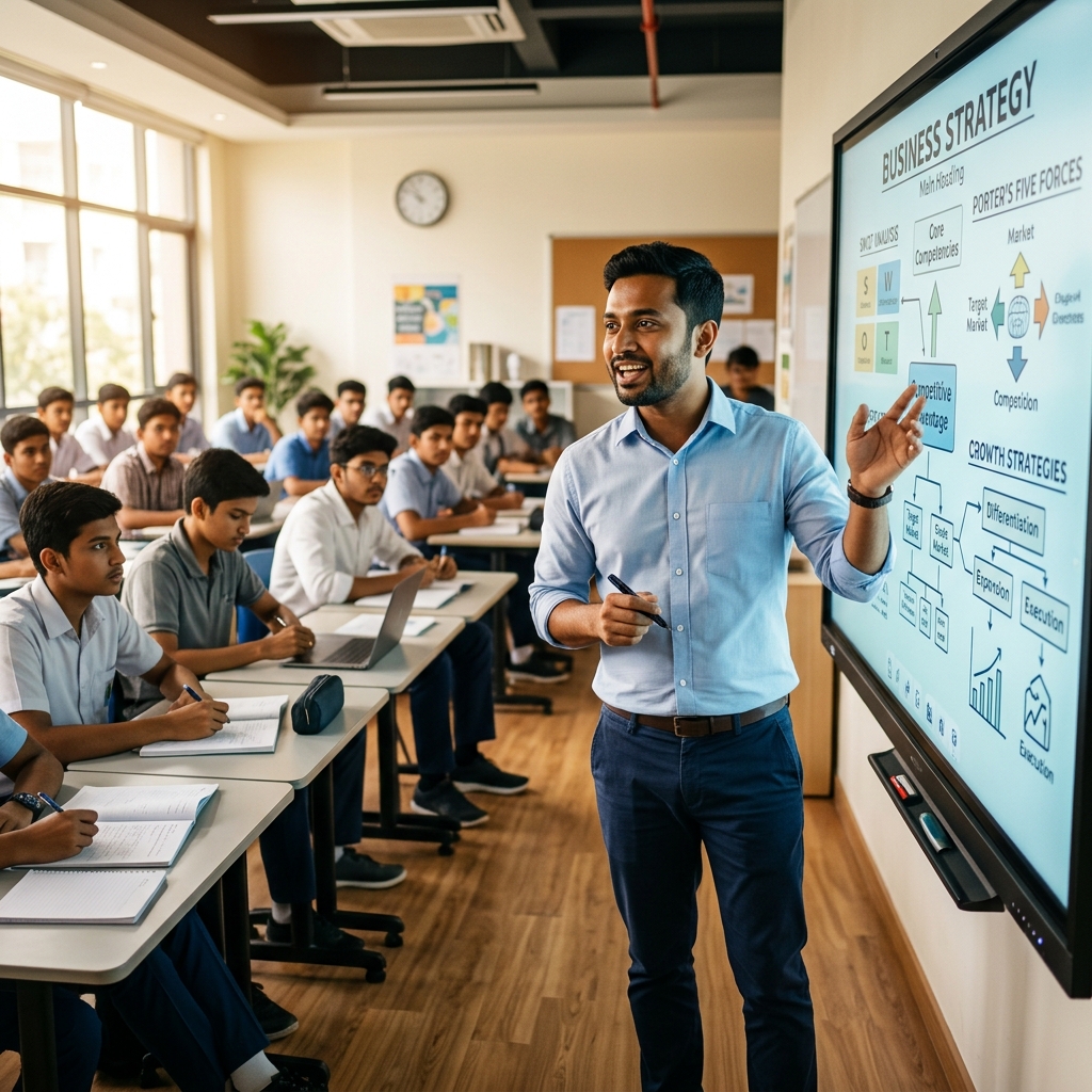 Bangladeshi educator teaching at whiteboard with enthusiasm in modern classroom