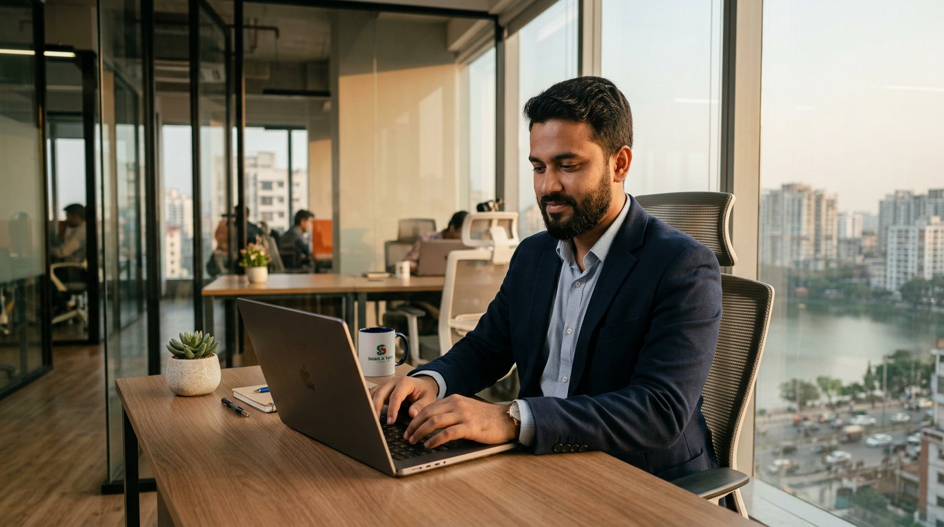 Bangladeshi business owner checking laptop in modern Dhaka office, calm and satisfied expression
